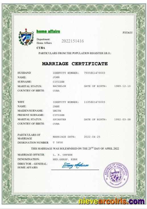 Cuba marriage certificate